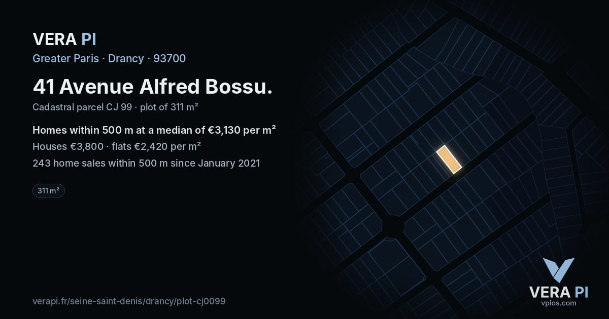 41 Avenue Alfred Bossu, Drancy at night – the plot lit, the parcels around coloured by the prices near them