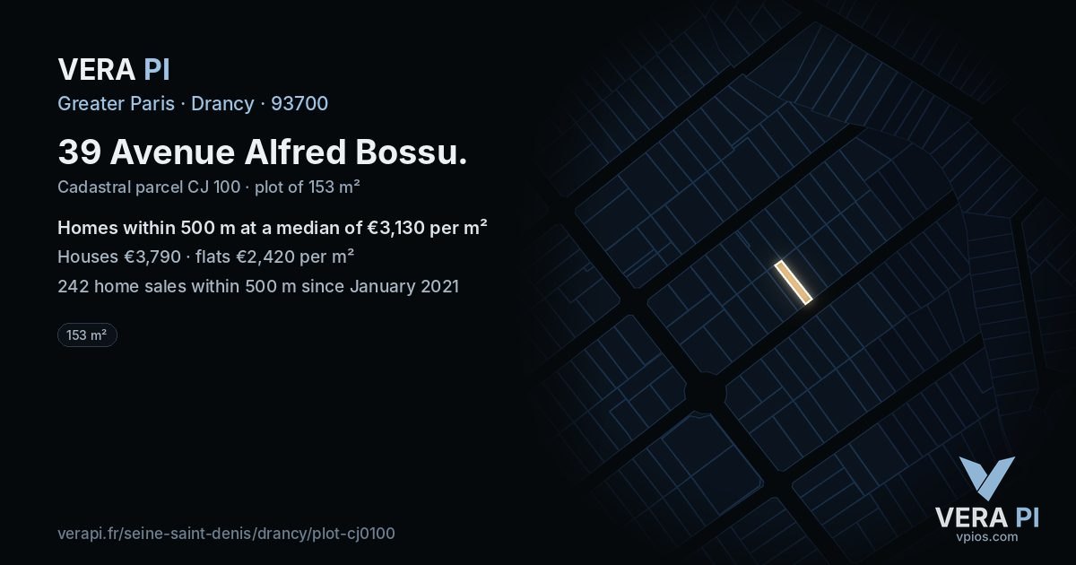 39 Avenue Alfred Bossu, Drancy at night – the plot lit, the parcels around coloured by the prices near them