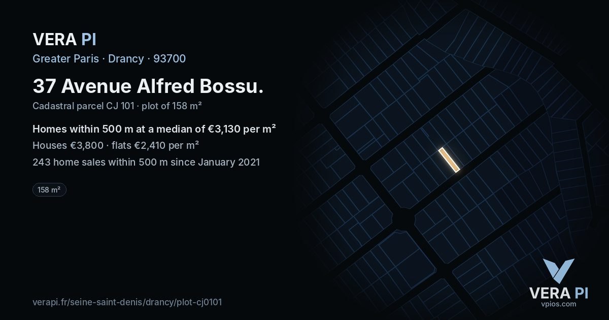 37 Avenue Alfred Bossu, Drancy at night – the plot lit, the parcels around coloured by the prices near them