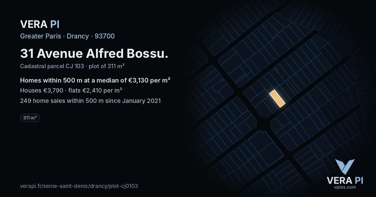 31 Avenue Alfred Bossu, Drancy at night – the plot lit, the parcels around coloured by the prices near them