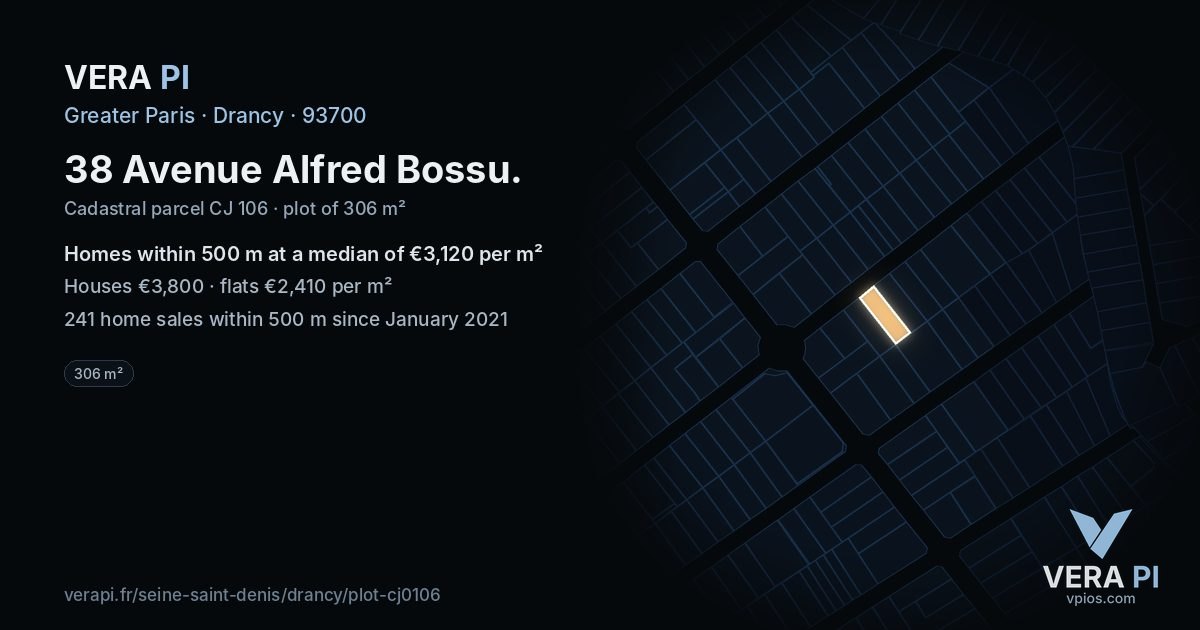 38 Avenue Alfred Bossu, Drancy at night – the plot lit, the parcels around coloured by the prices near them