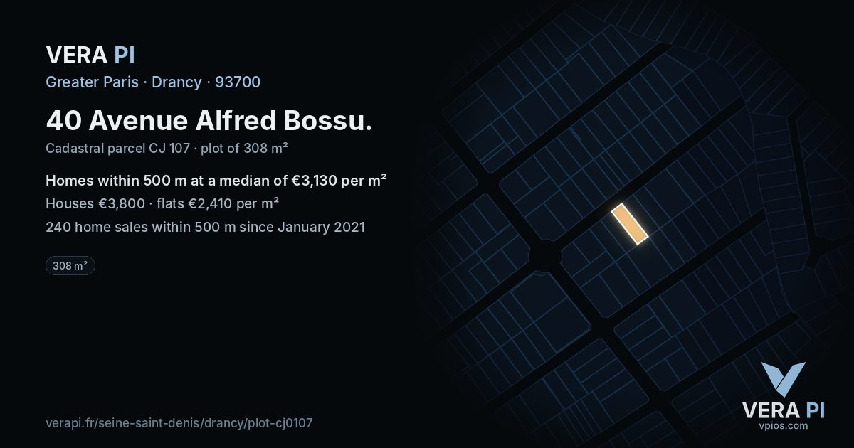 40 Avenue Alfred Bossu, Drancy at night – the plot lit, the parcels around coloured by the prices near them