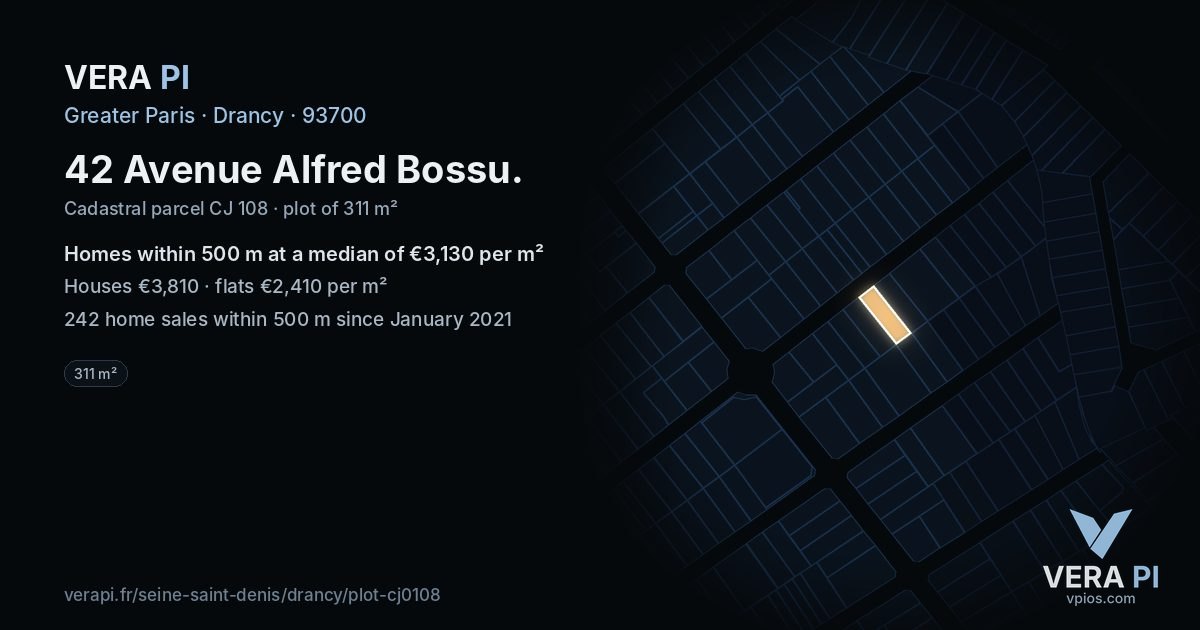 42 Avenue Alfred Bossu, Drancy at night – the plot lit, the parcels around coloured by the prices near them