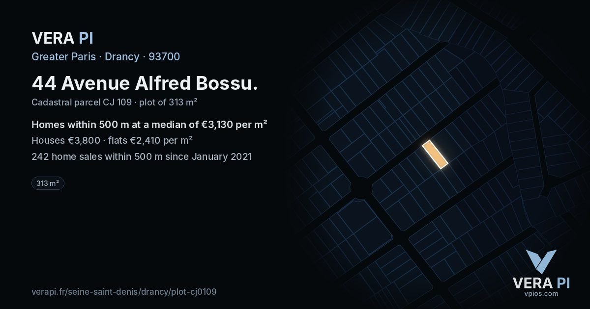 44 Avenue Alfred Bossu, Drancy at night – the plot lit, the parcels around coloured by the prices near them