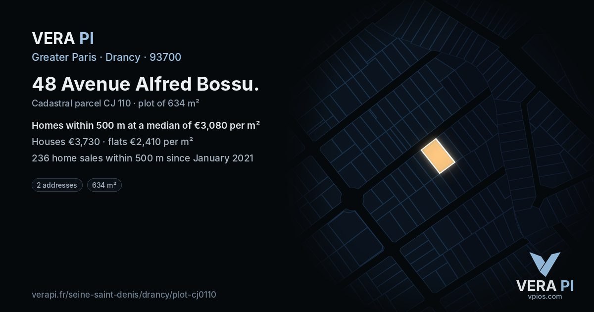 48 Avenue Alfred Bossu, Drancy at night – the plot lit, the parcels around coloured by the prices near them