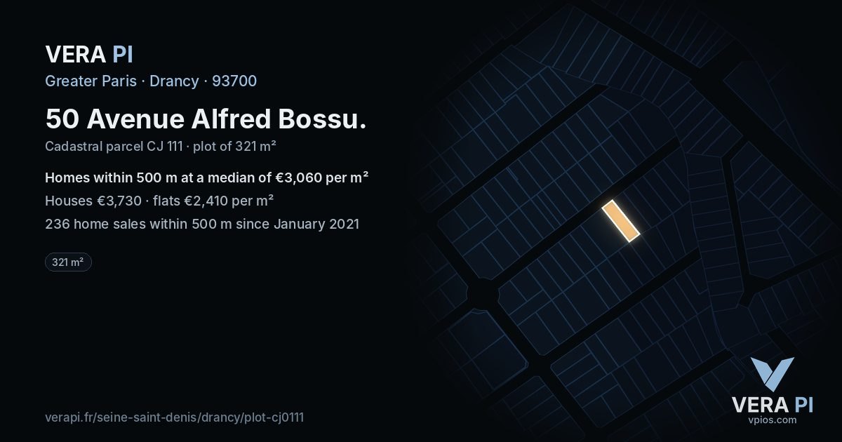50 Avenue Alfred Bossu, Drancy at night – the plot lit, the parcels around coloured by the prices near them
