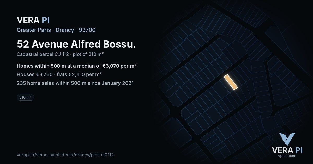 52 Avenue Alfred Bossu, Drancy at night – the plot lit, the parcels around coloured by the prices near them