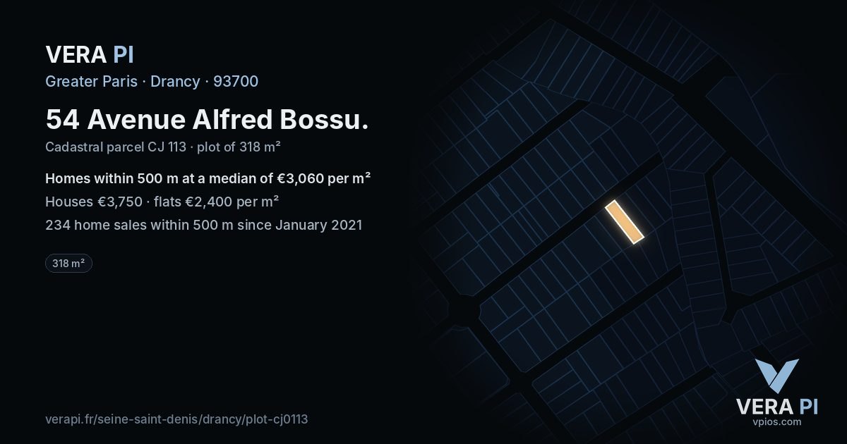 54 Avenue Alfred Bossu, Drancy at night – the plot lit, the parcels around coloured by the prices near them