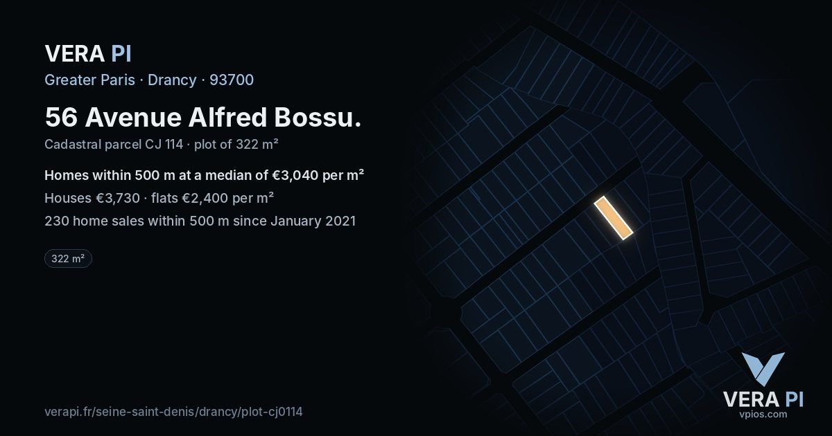 56 Avenue Alfred Bossu, Drancy at night – the plot lit, the parcels around coloured by the prices near them