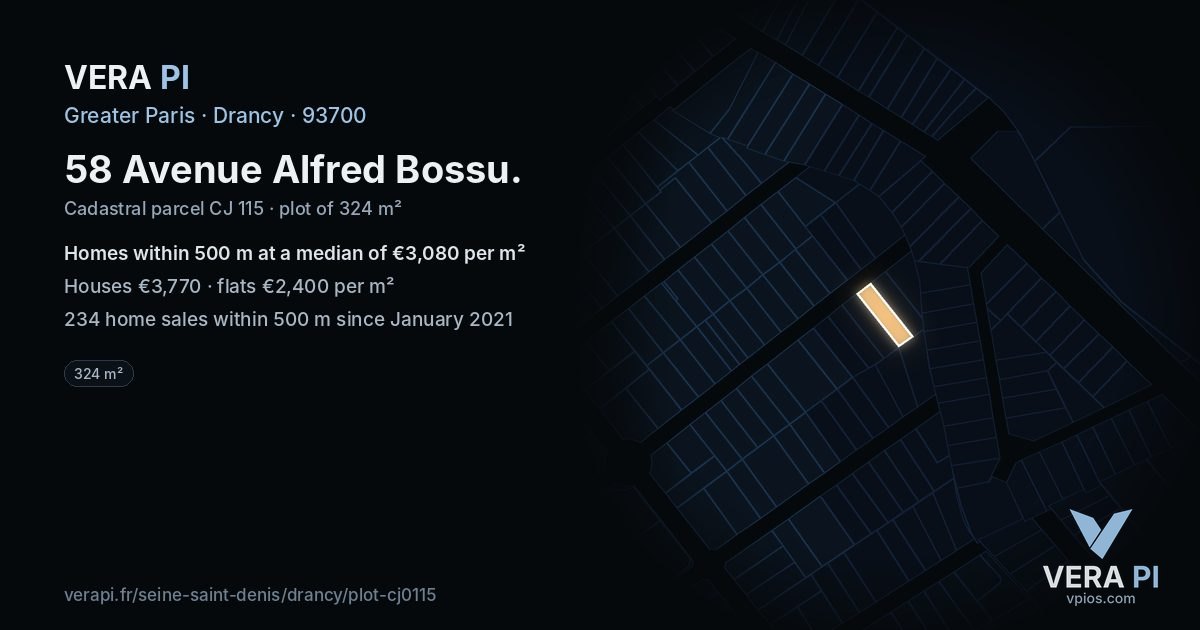 58 Avenue Alfred Bossu, Drancy at night – the plot lit, the parcels around coloured by the prices near them