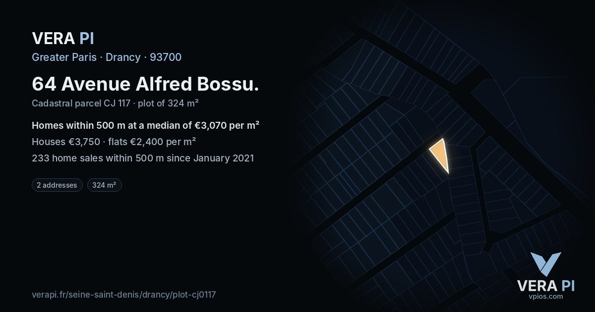 64 Avenue Alfred Bossu, Drancy at night – the plot lit, the parcels around coloured by the prices near them