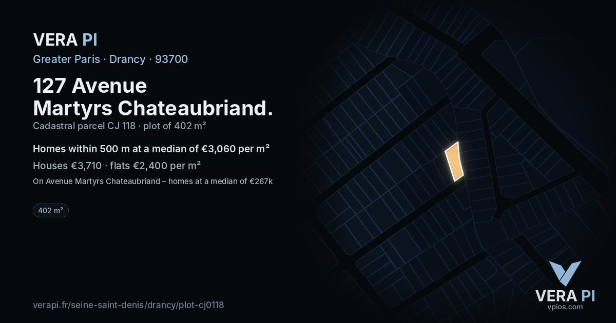 127 Avenue Martyrs Chateaubriand, Drancy at night – the plot lit, the parcels around coloured by the prices near them