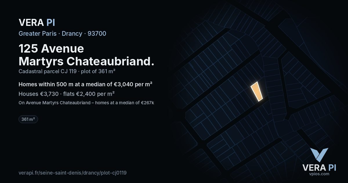125 Avenue Martyrs Chateaubriand, Drancy at night – the plot lit, the parcels around coloured by the prices near them