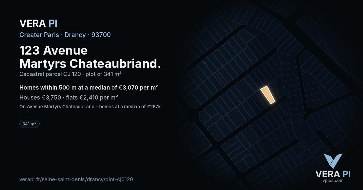 123 Avenue Martyrs Chateaubriand, Drancy at night – the plot lit, the parcels around coloured by the prices near them