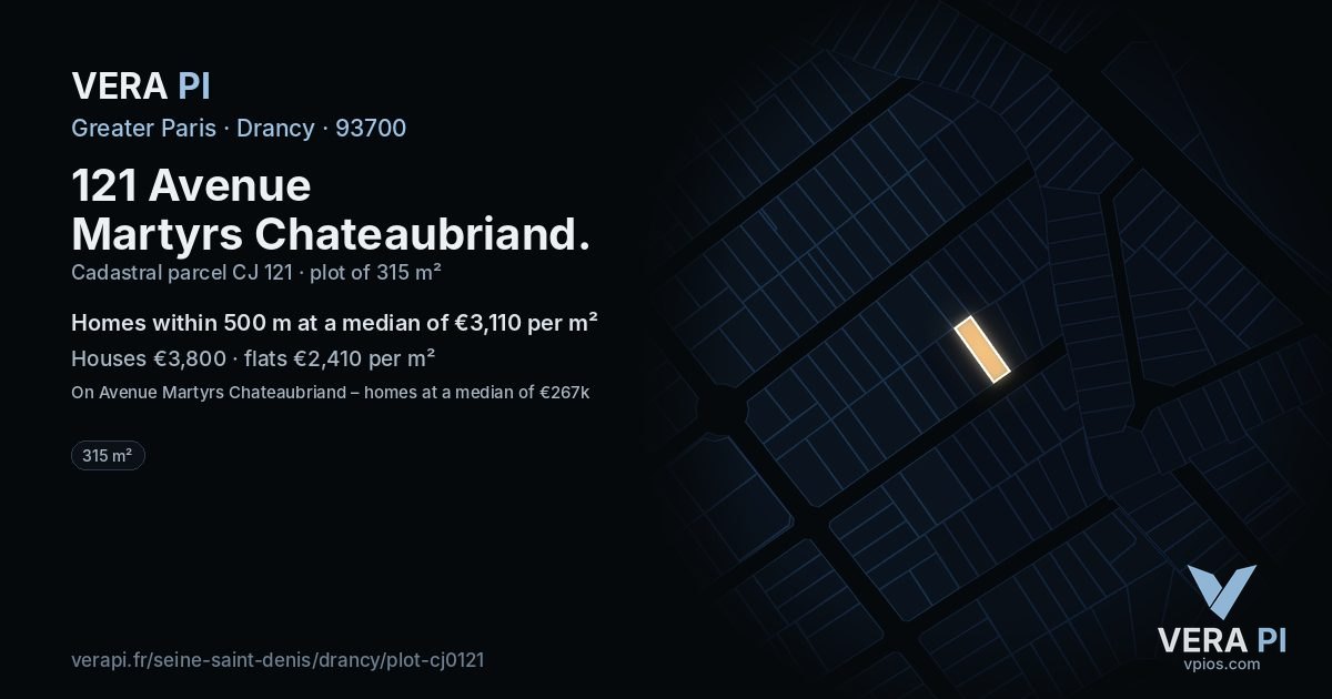 121 Avenue Martyrs Chateaubriand, Drancy at night – the plot lit, the parcels around coloured by the prices near them