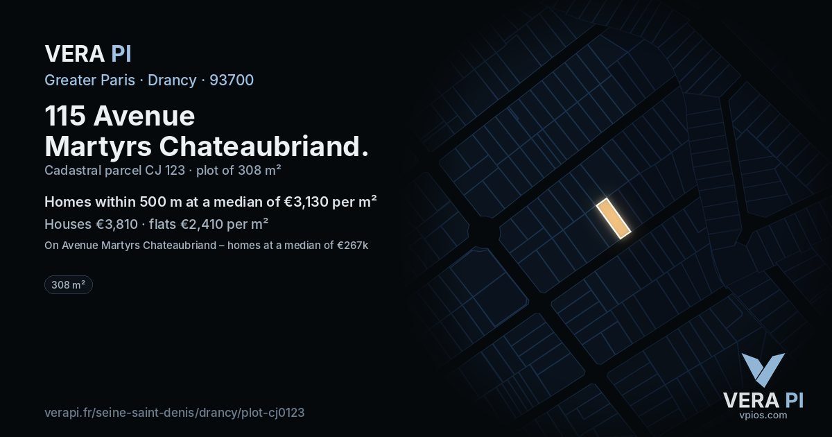 115 Avenue Martyrs Chateaubriand, Drancy at night – the plot lit, the parcels around coloured by the prices near them