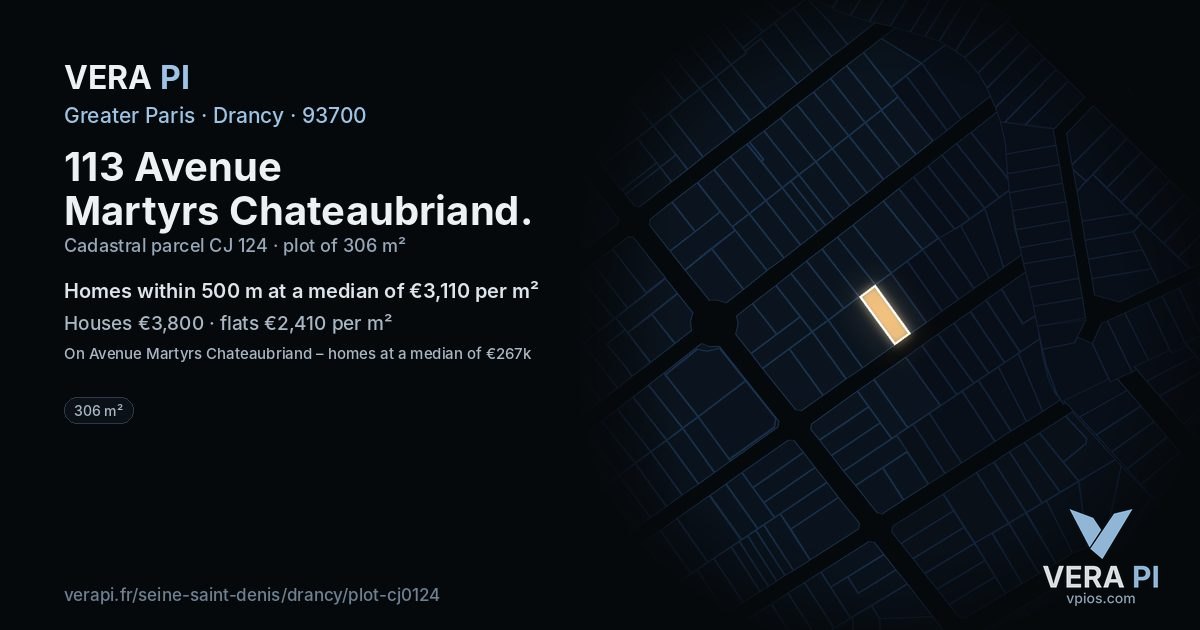 113 Avenue Martyrs Chateaubriand, Drancy at night – the plot lit, the parcels around coloured by the prices near them