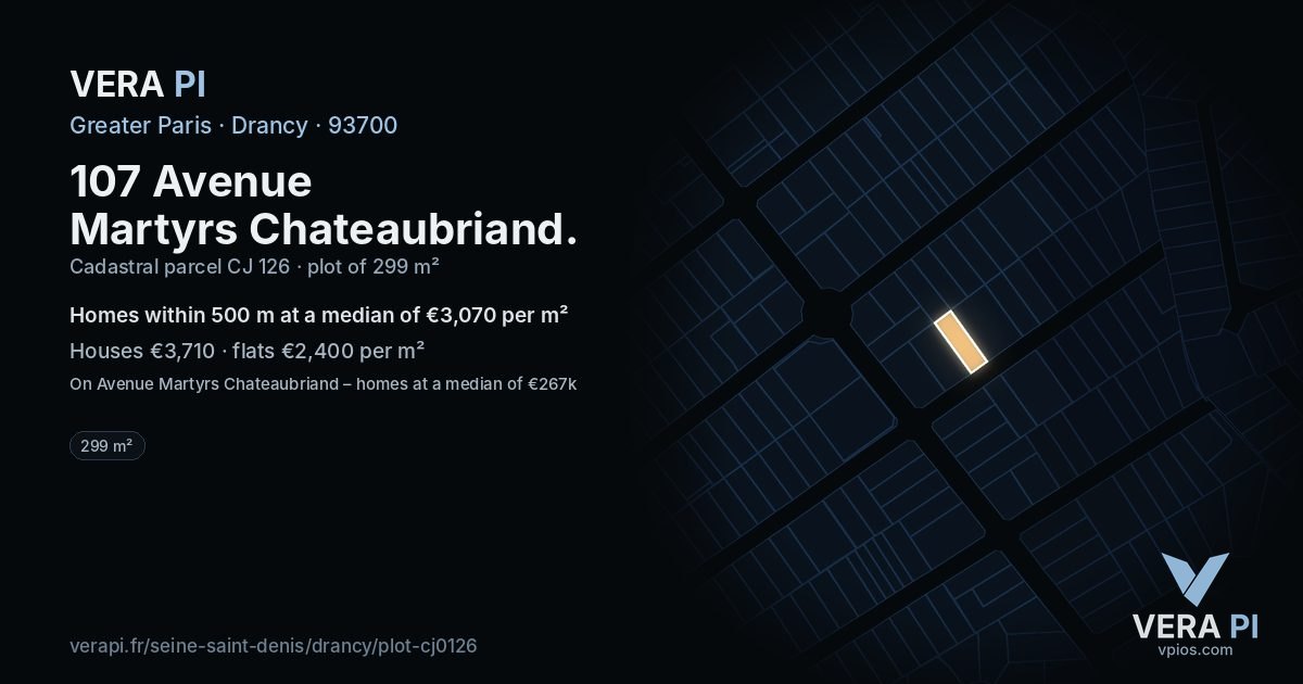 107 Avenue Martyrs Chateaubriand, Drancy at night – the plot lit, the parcels around coloured by the prices near them