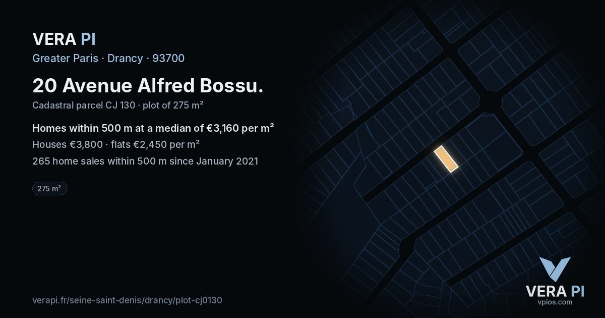 20 Avenue Alfred Bossu, Drancy at night – the plot lit, the parcels around coloured by the prices near them