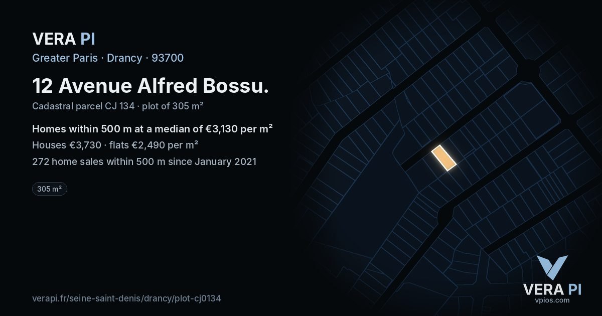 12 Avenue Alfred Bossu, Drancy at night – the plot lit, the parcels around coloured by the prices near them
