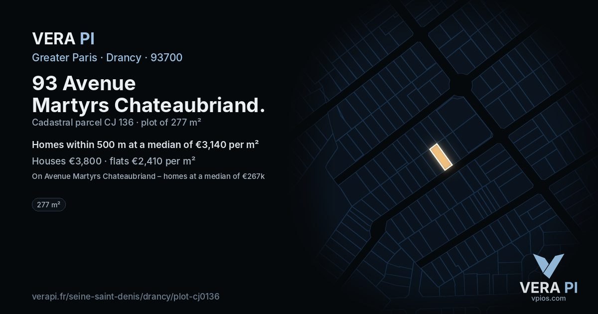 93 Avenue Martyrs Chateaubriand, Drancy at night – the plot lit, the parcels around coloured by the prices near them