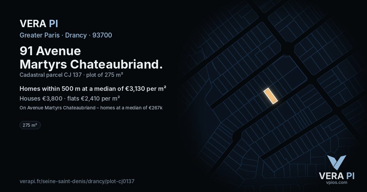 91 Avenue Martyrs Chateaubriand, Drancy at night – the plot lit, the parcels around coloured by the prices near them