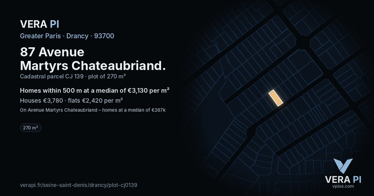 87 Avenue Martyrs Chateaubriand, Drancy at night – the plot lit, the parcels around coloured by the prices near them