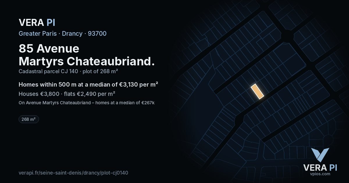 85 Avenue Martyrs Chateaubriand, Drancy at night – the plot lit, the parcels around coloured by the prices near them