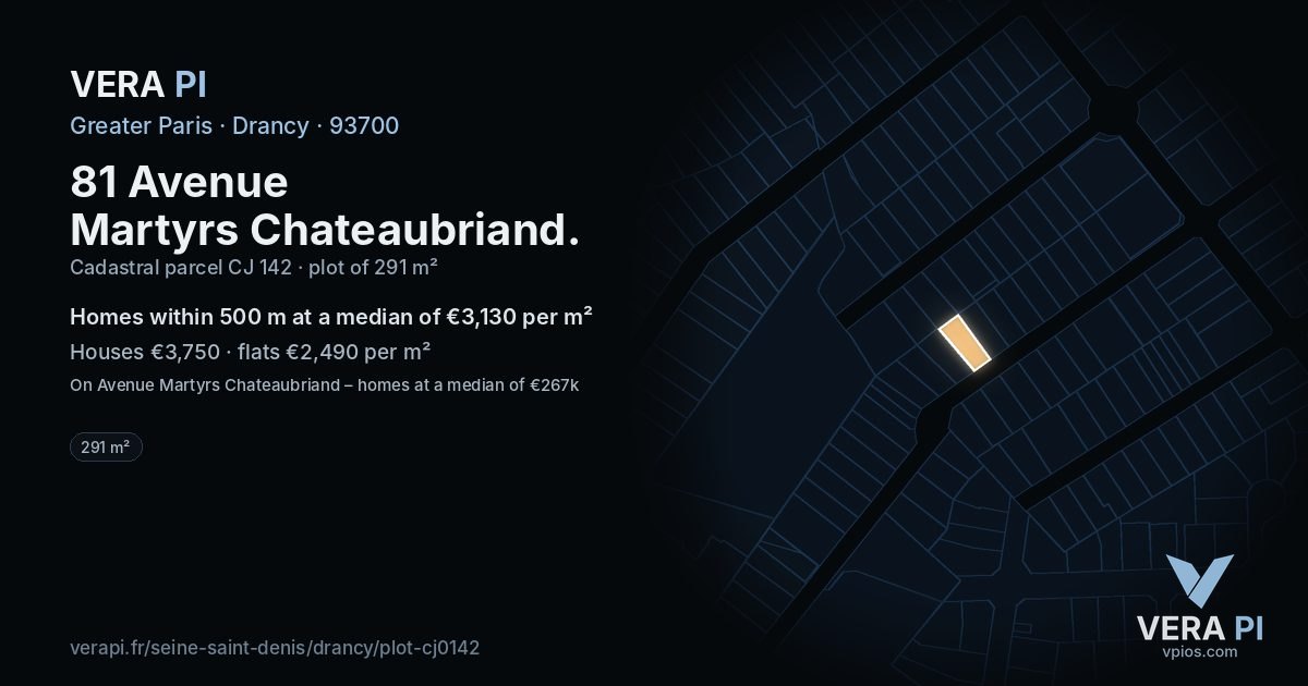 81 Avenue Martyrs Chateaubriand, Drancy at night – the plot lit, the parcels around coloured by the prices near them