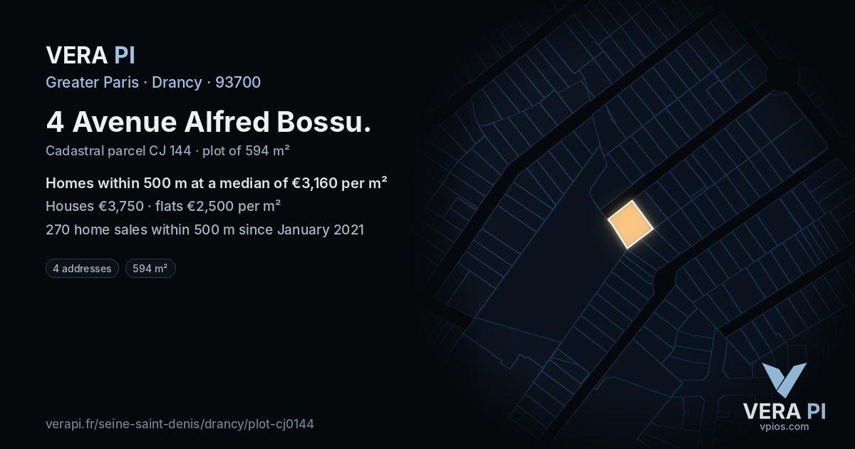 4 Avenue Alfred Bossu, Drancy at night – the plot lit, the parcels around coloured by the prices near them