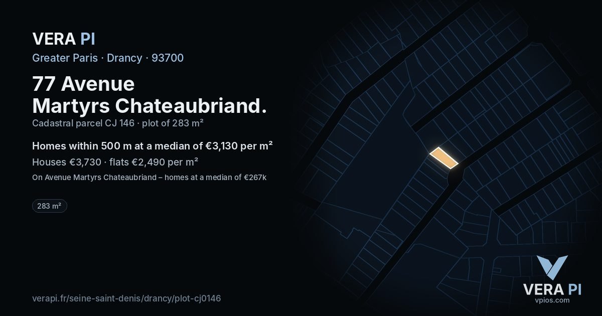 77 Avenue Martyrs Chateaubriand, Drancy at night – the plot lit, the parcels around coloured by the prices near them
