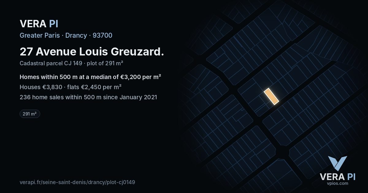 27 Avenue Louis Greuzard, Drancy at night – the plot lit, the parcels around coloured by the prices near them
