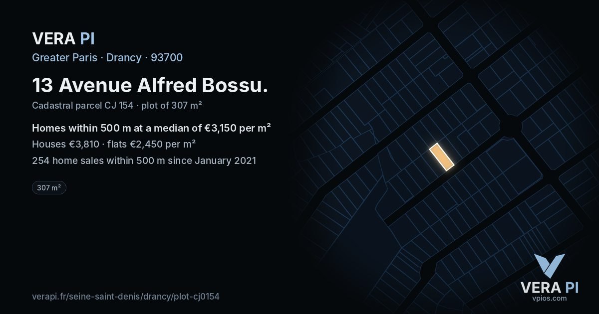 13 Avenue Alfred Bossu, Drancy at night – the plot lit, the parcels around coloured by the prices near them