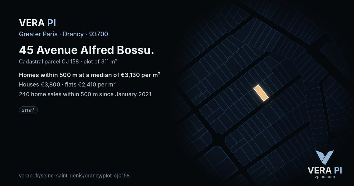 45 Avenue Alfred Bossu, Drancy at night – the plot lit, the parcels around coloured by the prices near them