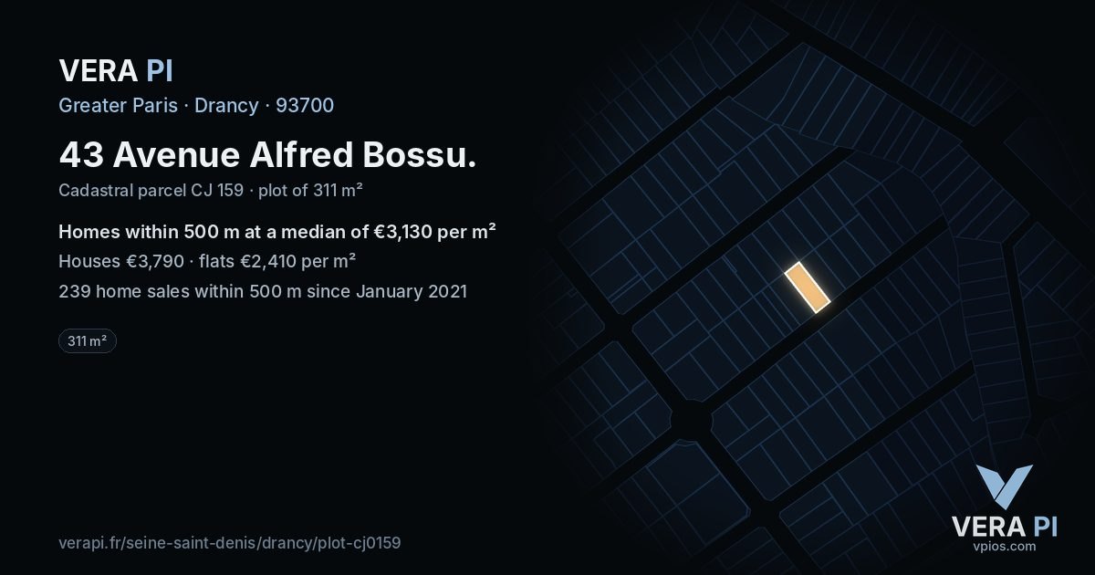 43 Avenue Alfred Bossu, Drancy at night – the plot lit, the parcels around coloured by the prices near them