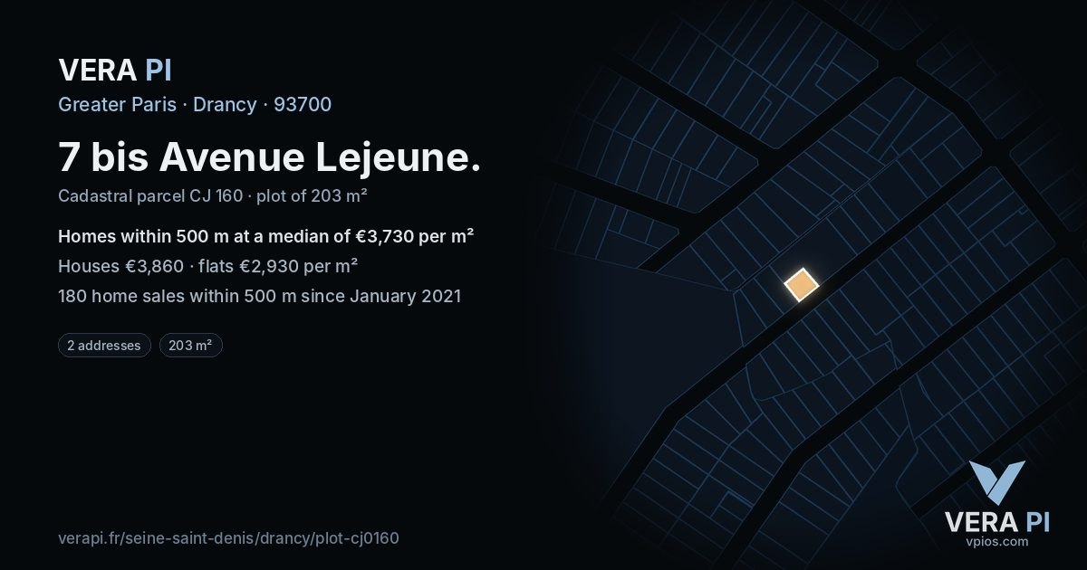 7 bis Avenue Lejeune, Drancy at night – the plot lit, the parcels around coloured by the prices near them