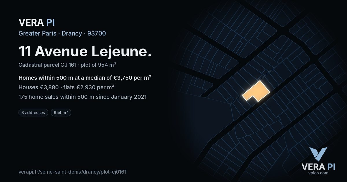 11 Avenue Lejeune, Drancy at night – the plot lit, the parcels around coloured by the prices near them