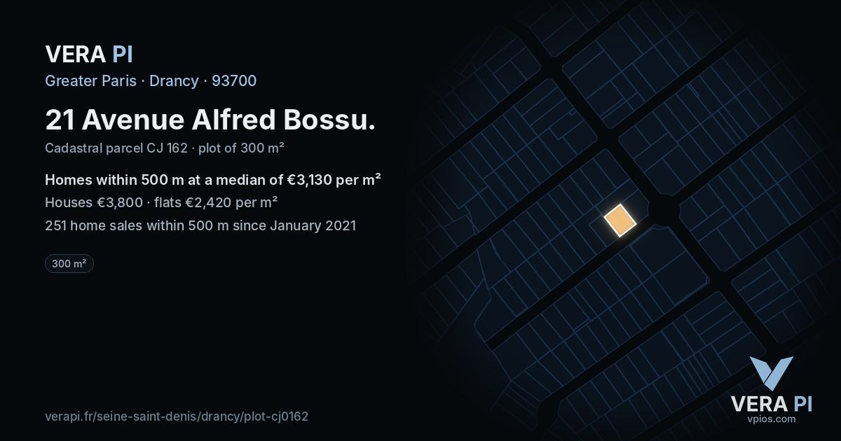 21 Avenue Alfred Bossu, Drancy at night – the plot lit, the parcels around coloured by the prices near them