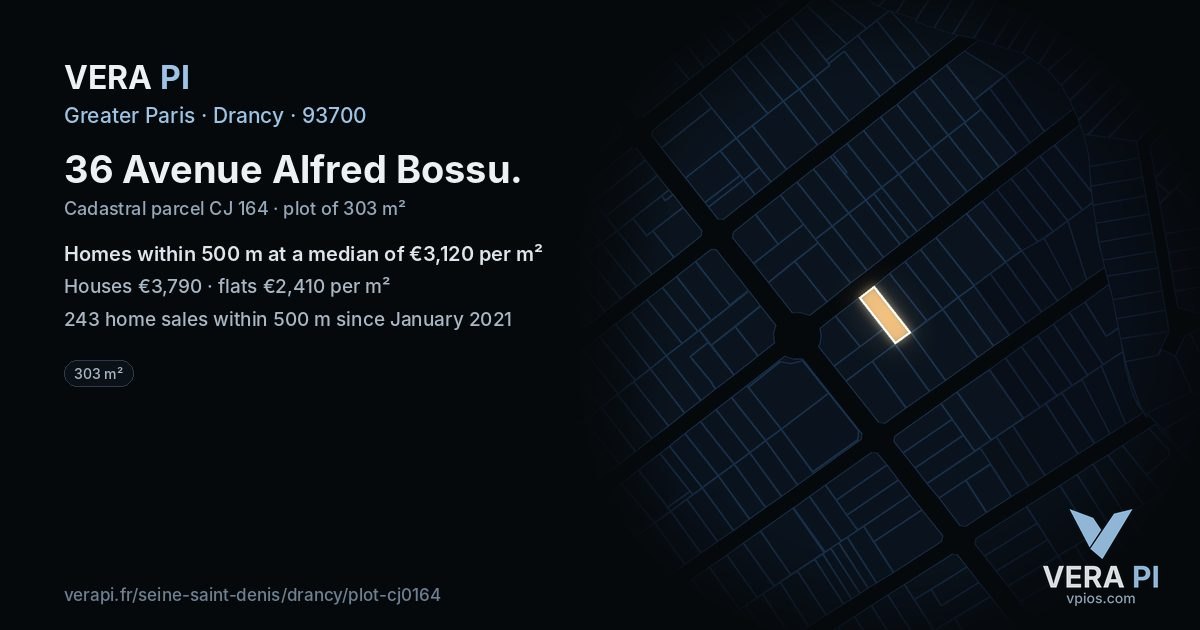 36 Avenue Alfred Bossu, Drancy at night – the plot lit, the parcels around coloured by the prices near them