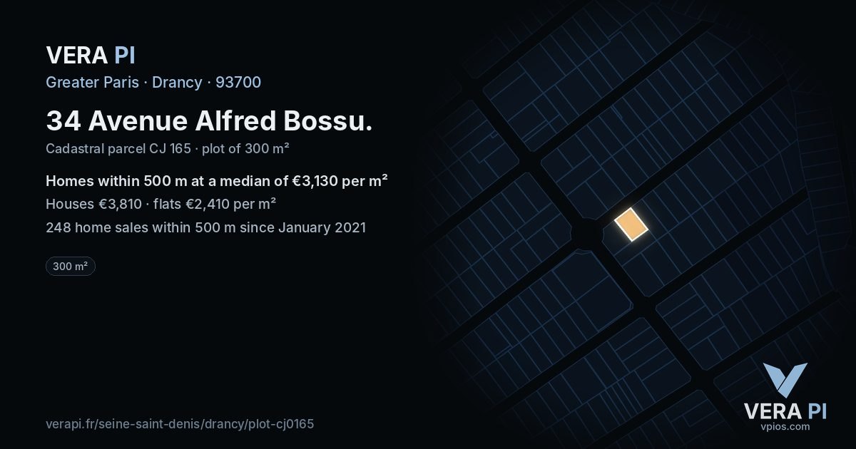 34 Avenue Alfred Bossu, Drancy at night – the plot lit, the parcels around coloured by the prices near them