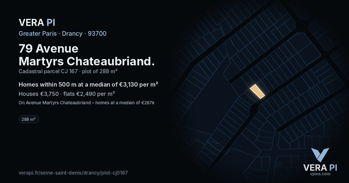 79 Avenue Martyrs Chateaubriand, Drancy at night – the plot lit, the parcels around coloured by the prices near them