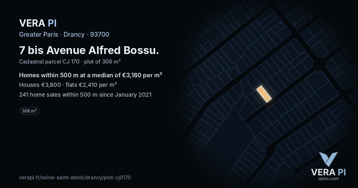 7 bis Avenue Alfred Bossu, Drancy at night – the plot lit, the parcels around coloured by the prices near them
