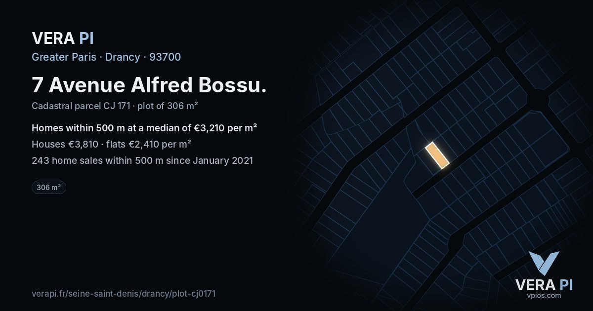 7 Avenue Alfred Bossu, Drancy at night – the plot lit, the parcels around coloured by the prices near them