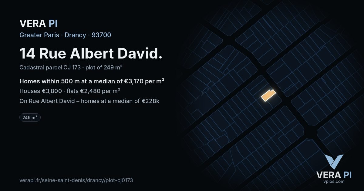 14 Rue Albert David, Drancy at night – the plot lit, the parcels around coloured by the prices near them