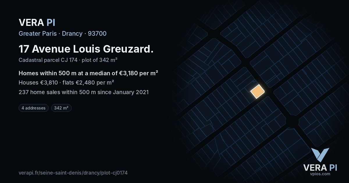 17 Avenue Louis Greuzard, Drancy at night – the plot lit, the parcels around coloured by the prices near them