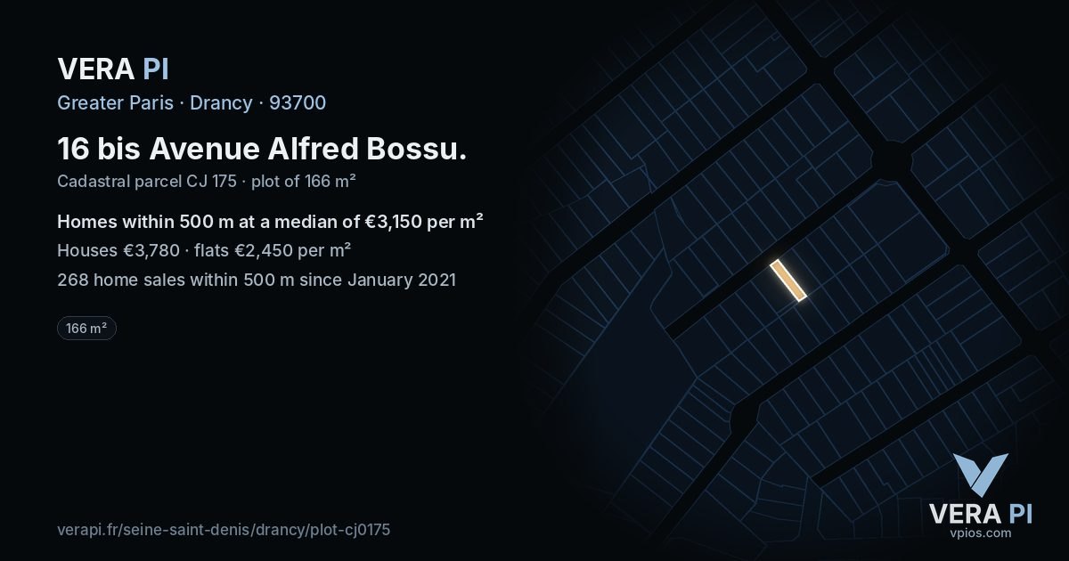 16 bis Avenue Alfred Bossu, Drancy at night – the plot lit, the parcels around coloured by the prices near them