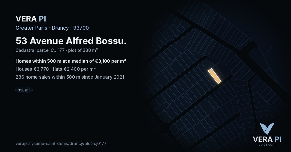 53 Avenue Alfred Bossu, Drancy at night – the plot lit, the parcels around coloured by the prices near them