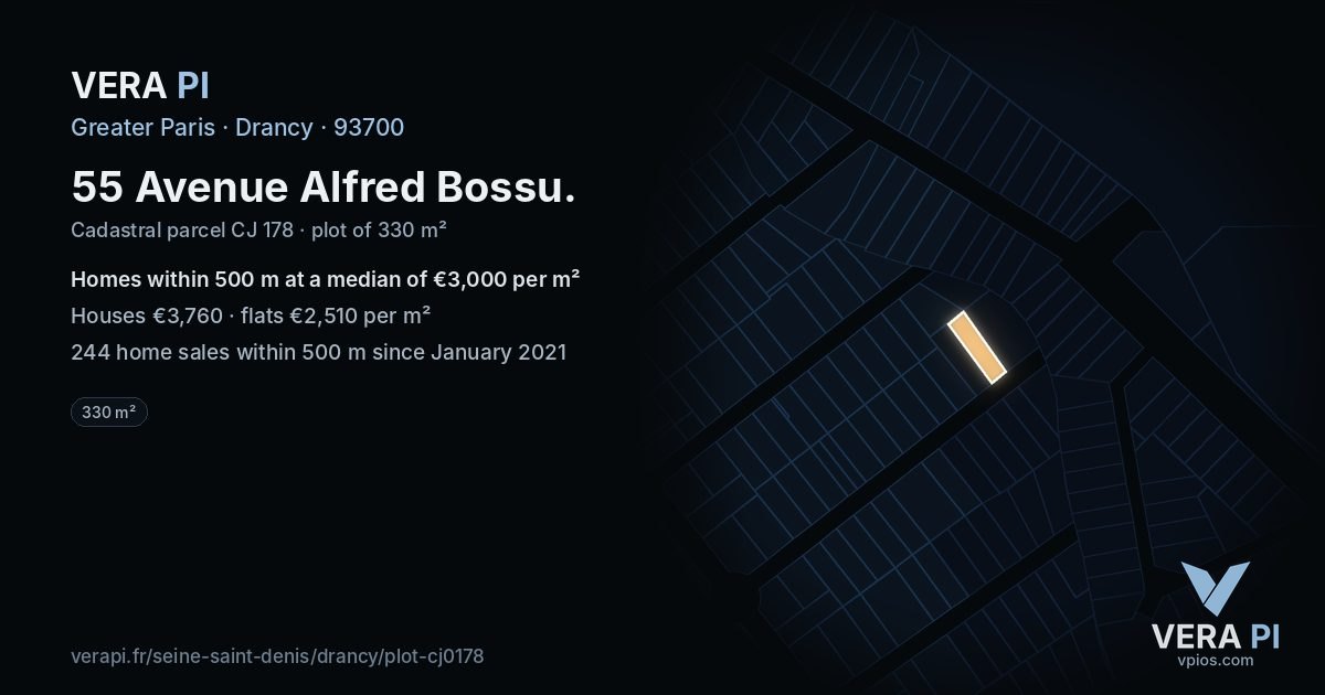 55 Avenue Alfred Bossu, Drancy at night – the plot lit, the parcels around coloured by the prices near them