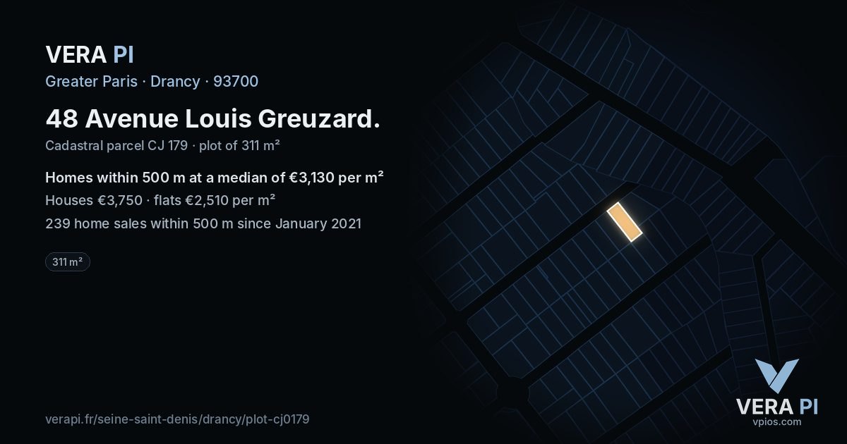 48 Avenue Louis Greuzard, Drancy at night – the plot lit, the parcels around coloured by the prices near them