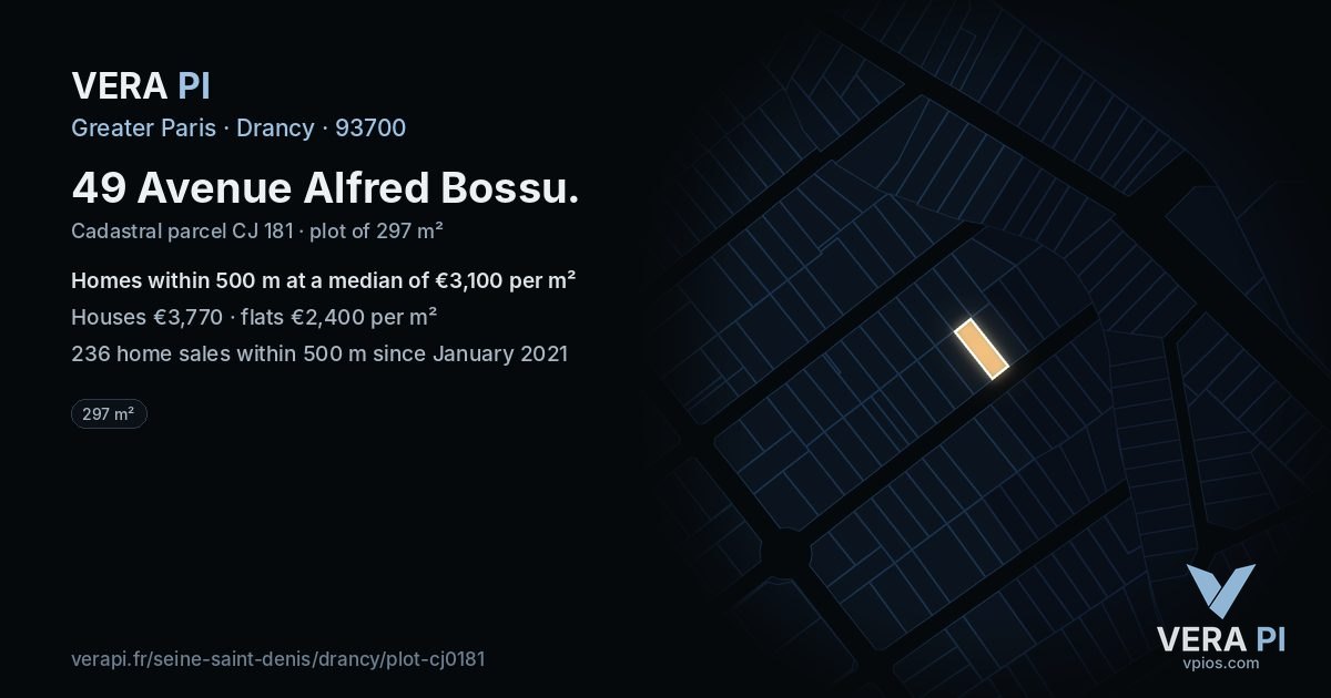 49 Avenue Alfred Bossu, Drancy at night – the plot lit, the parcels around coloured by the prices near them